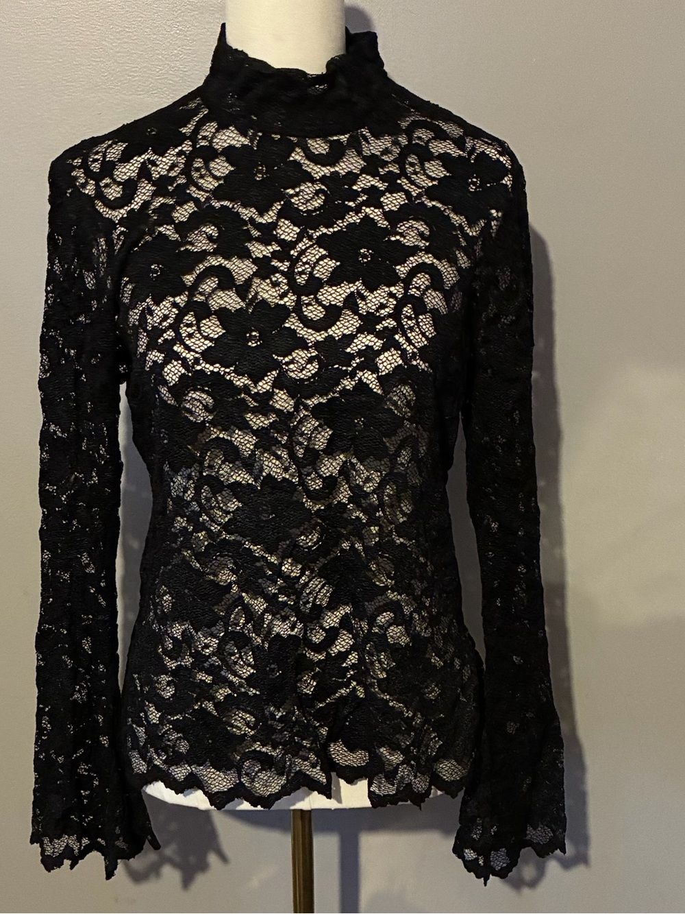 Ami Black Floral Lace Mock Neck Blouse